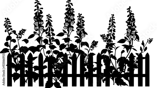Foxgloves towering in the back of a shade garden near a fence, Plant Digital Art