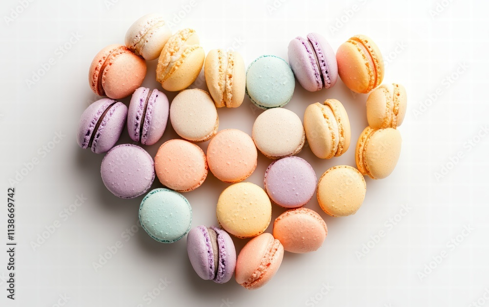A heart made of colorful macarons in pastel shades, arranged neatly on a white background A heart made of colorful macarons in pastel shades, arranged neatly on a white background