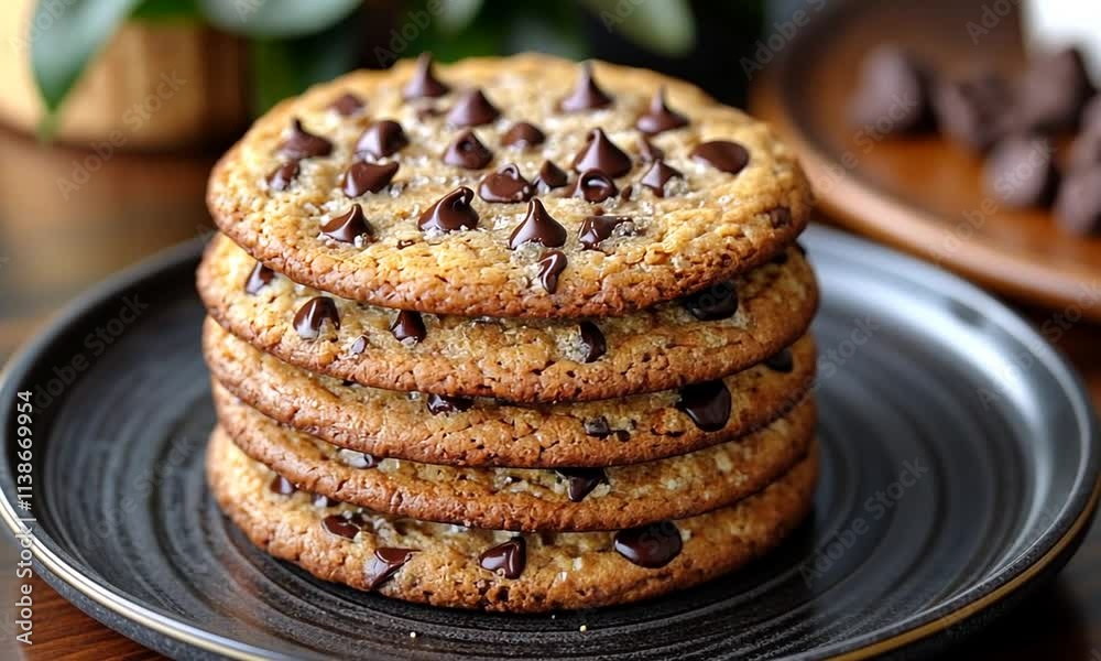 A stack of freshly baked chocolate chip cookies on a plate, showcasing their delicious texture and appearance. A stack of freshly baked chocolate chip cookies on a plate, showcasing their delicious texture and appearance.