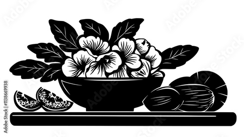Handful of edible flowers in a ceramic bowl near a cutting board, Plant Digital Art