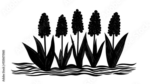 Hyacinth with thick leaves and purple flower spikes above water, Plant Digital Art