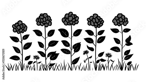 Hydrangea bushes with flower heads in a nursery field, Plant Digital Art