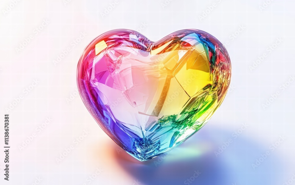 Fototapeta premium A crystal-clear rainbow heart with colorful highlights, floating on a pure white background
