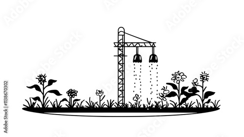 Irrigation system in an organic flower farm for even water distribution, Plant Digital Art
