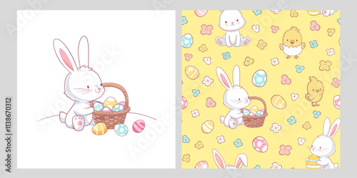 Easter delicate pattern with white rabbits, flowers, bird, Easter eggs and Easter bunny. Cute cartoon background doodle style. Can be used for t-shirt print, kids wear fashion design, baby shower