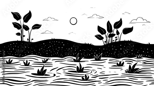 Jute plants growing in a flooded field for fiber production, Plant Digital Art