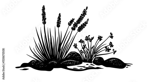 A lavender plant growing in a dry, arid garden with sparse soil and minimal vegetation, Plant Digital Art