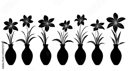 Lilies organized in a neat row of vases, standing upright with visible stems, Plant Digital Art
