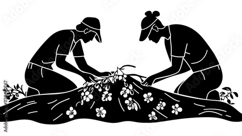 Linden tree blossoms being gathered on a tarp, Plant Digital Art