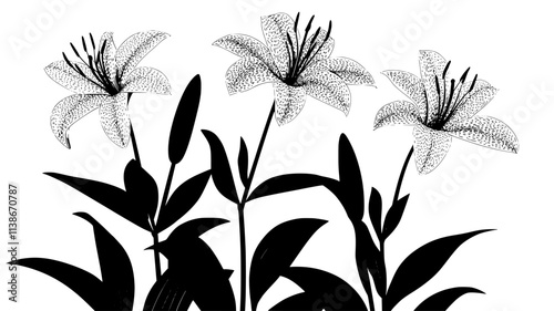 Lily stems with trumpet-shaped flowers in a flower bed, Plant Digital Art