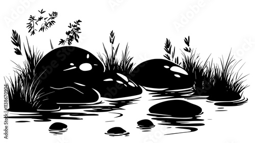 Moss-covered rocks in a stream bed of the forest, Plant Digital Art