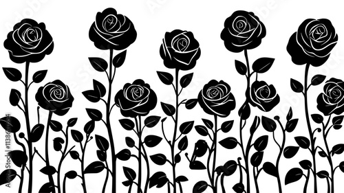 Multiple roses arranged symmetrically in a flower bed, leaves visible beneath, Plant Digital Art
