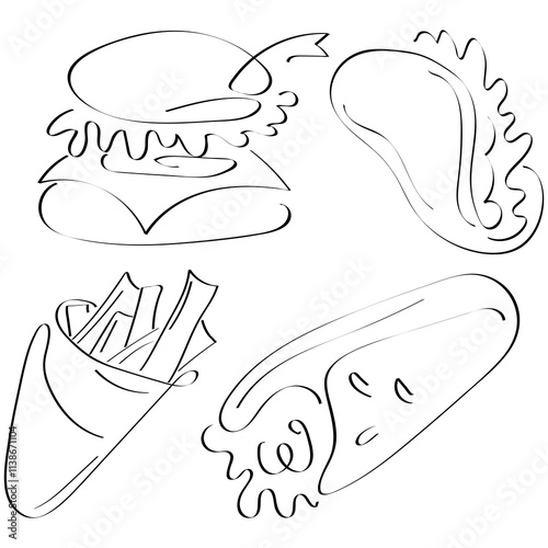 set of original fast food icons, namely a burger, taco, fries and shawarma icon in line art style