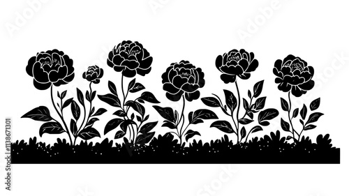 Peonies blooming in a flower bed surrounded by mulch and garden borders, Plant Digital Art