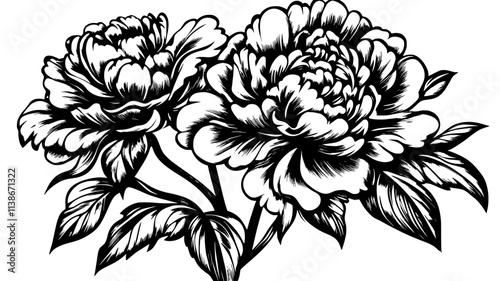 Peony with large, round flower head and glossy leaves, Plant Digital Art