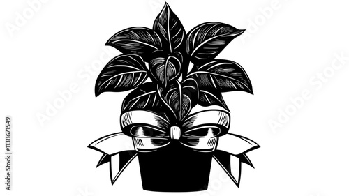 Potted plant with ribbon delivered to office desk, Plant Digital Art