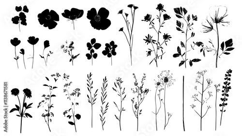 A pressed flower art piece with individual blossoms arranged flat on a white background, Plant Digital Art
