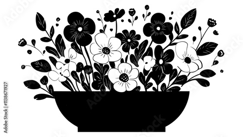 A scattered floral arrangement with mixed textures placed in a wide, shallow container, Plant Digital Art