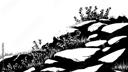 Sedum groundcover on a sunny slope with rocks, Plant Digital Art