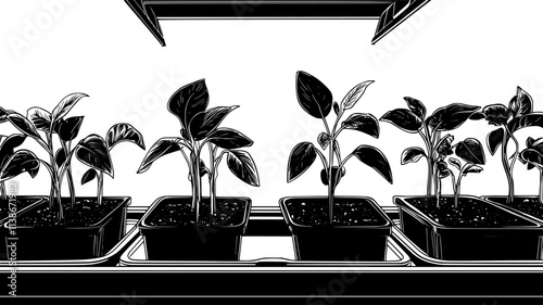 Seedlings in propagation trays under grow lights, Plant Digital Art