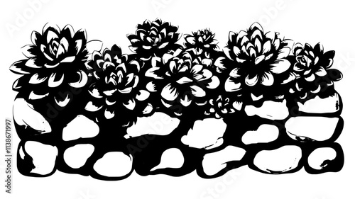 Sempervivum rosettes growing in crevices of a stone wall, Plant Digital Art