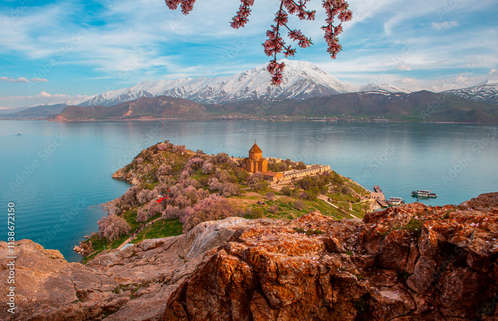 Akdamar Island in Van Lake. The Armenian Cathedral Church of the Holy Cross - Akdamar, Turkey