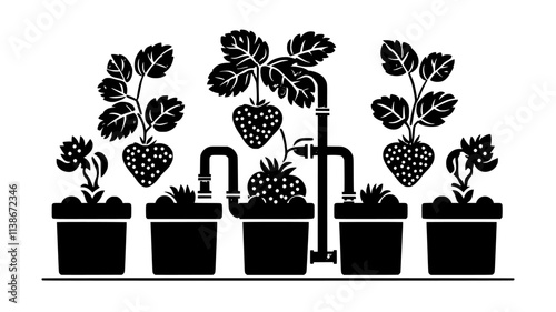 Strawberries in stacked towers connected to water circulation pipes, Plant Digital Art