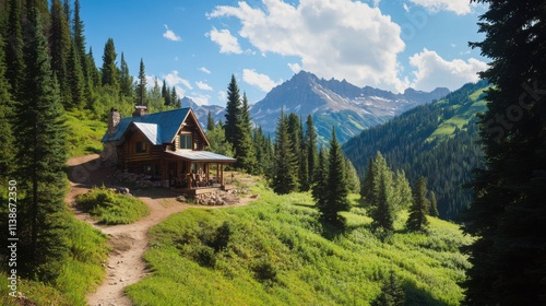 Wallpaper Mural A serene mountain retreat with a cozy cabin and scenic hiking trails, Alpine escape style, photo of Torontodigital.ca