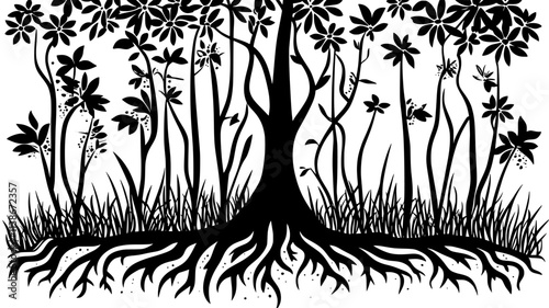 Strangler fig roots encasing a host tree in a dense jungle, Plant Digital Art