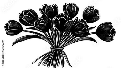 Tulips organized in a symmetrical bouquet, stems tightly bound together, Plant Digital Art