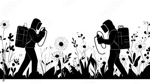 Workers in protective gear fumigating flowers, Plant Digital Art