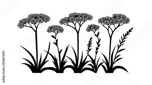 Yarrow plants with flat-topped flower clusters in a xeriscape garden, Plant Digital Art