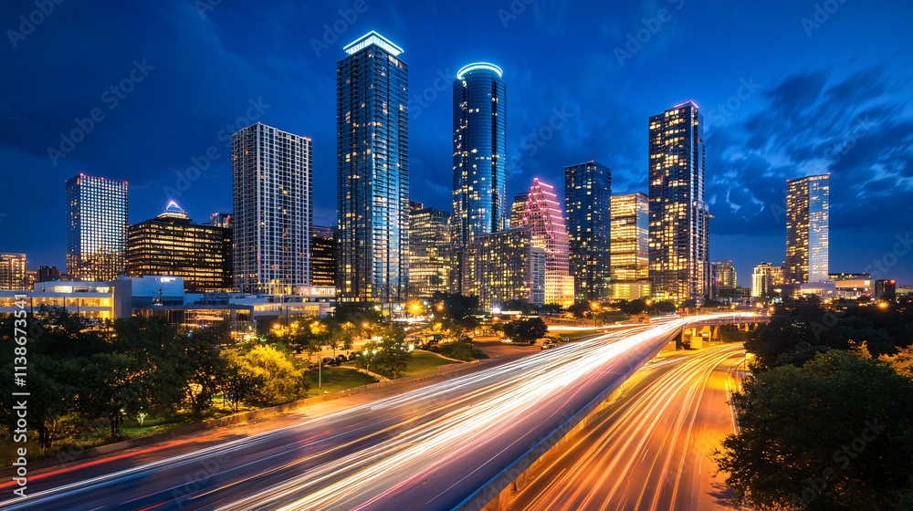 Vibrant Nighttime Cityscape with Illuminated Skyscrapers and Motion Blur Traffic Lights Vibrant Nighttime Cityscape with Illuminated Skyscrapers and Motion Blur Traffic Lights