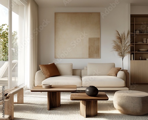 A light-filled modern living room with Scandinavian boho design, highlighting a beige sofa, sleek wooden side tables, and tastefully arranged elegant personal accessories