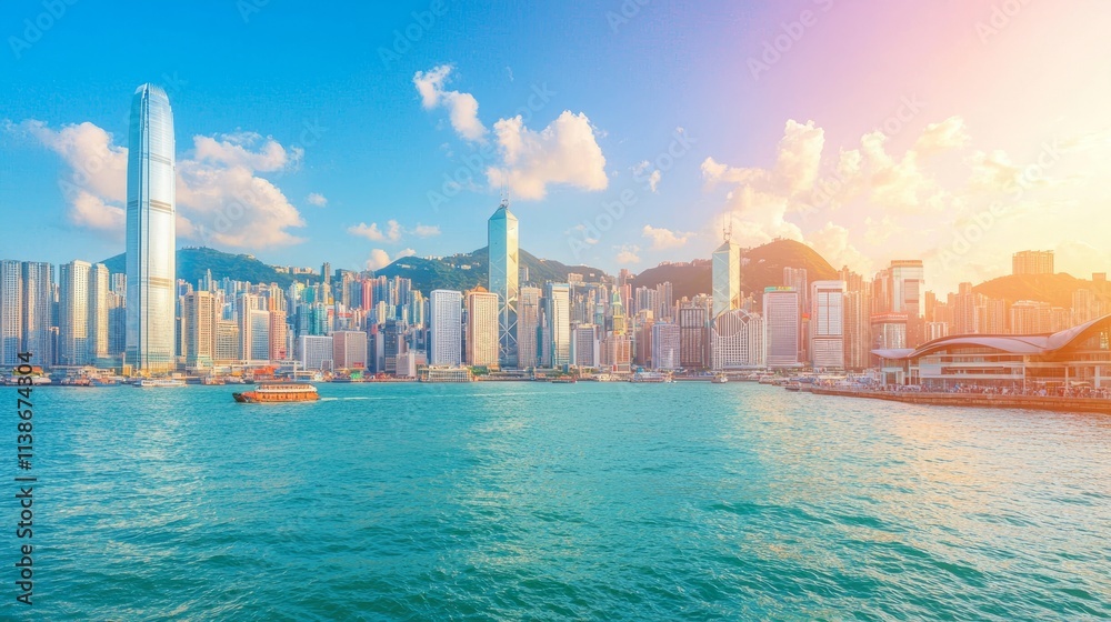 Naklejka premium A scenic view of a city skyline with water and mountains in the background.