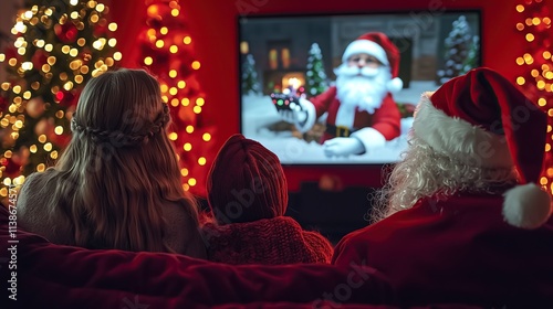 Santa and two children watching a New Year's movie together on a big screen. Rear view with colorful holiday lights and cozy festive atmosphere on a solid red background.