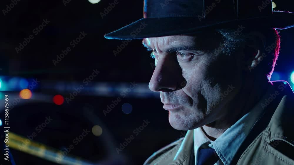 Close-up of detective in night crime scene. Police cars with flashing lights. Crime scene investigation. Law enforcement in action. Noir style