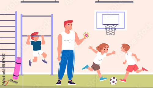 Child gym class. School physical education baby children group with sport coach or teacher, kids physic gymnastic exercise and football team play PE lesson vector illustration