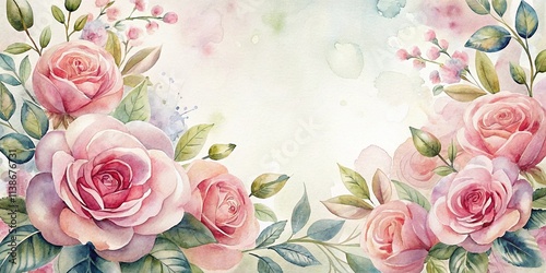A pastel-colored floral image with many pink roses and leaves.