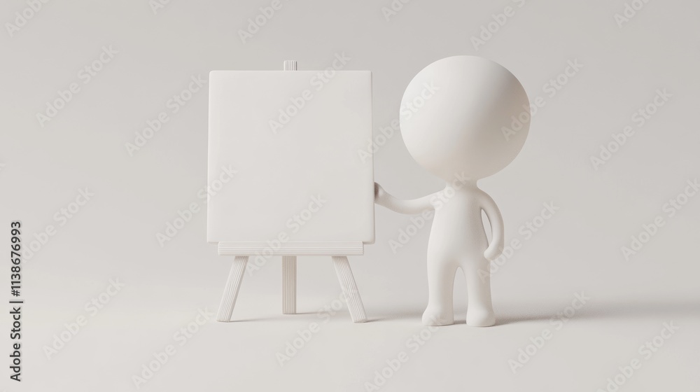 3D rendered white figure stands by blank easel on white background. 3D rendered white figure stands by blank easel on white background.