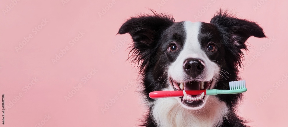 Border collie holds toothbrush. Border collie holds toothbrush.