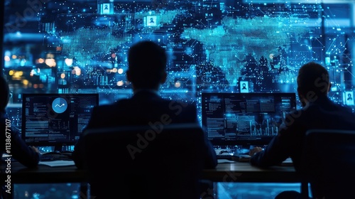 High-Tech Data Analysis in Modern Office Environment at Night