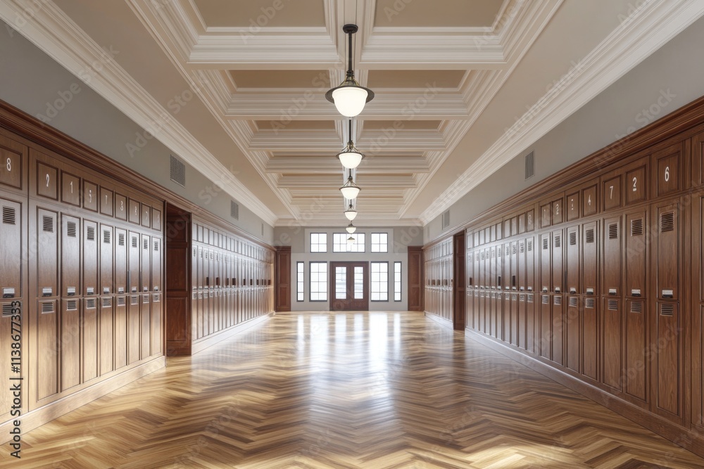 Empty school hallway with wooden lockers and patterned floor. Empty school hallway with wooden lockers and patterned floor.