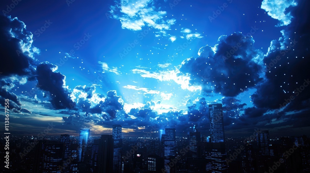 Fototapeta premium Night Sky Over City with Clouds and Twinkling Stars in Evening Light