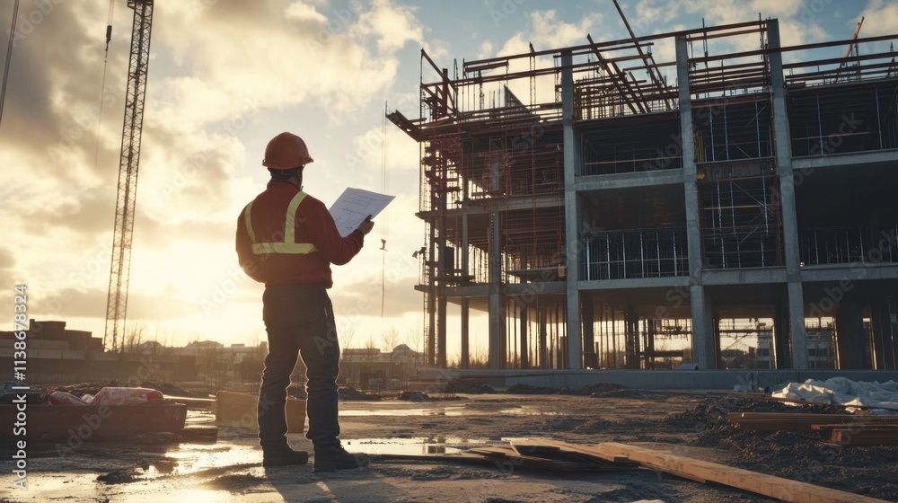 Construction worker reviews plans at a building site, sunset backdrop. Construction worker reviews plans at a building site, sunset backdrop.