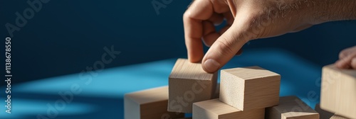 Hands carefully stack wooden blocks against a blue backdrop, symbolizing creativity, construction, and careful planning. photo