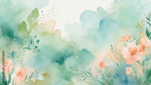 Floral pattern in watercolor style in green and blue hues with copy space