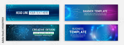 Modern banner design with technology element. Data protection, internet communication, science, big data, cloud hosting. Sci-fi vector sample concept. High-tech horizontal banner template.