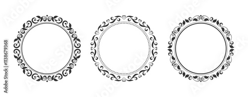 Circular floral frames set. Black ornate retro leaf pattern, thin swirl filigree botanical border motif. Vintage template for laser cut engraving, etching, vignette stencil, DIY foiling, rubber stamp