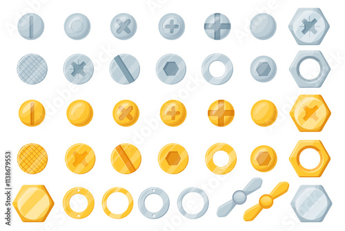 Cartoon screw heads. Industrial screws bolts top view, steel chrome bronze nut pin construction fasteners head set hexagon or cross rivet gold brass tools, neat vector illustration